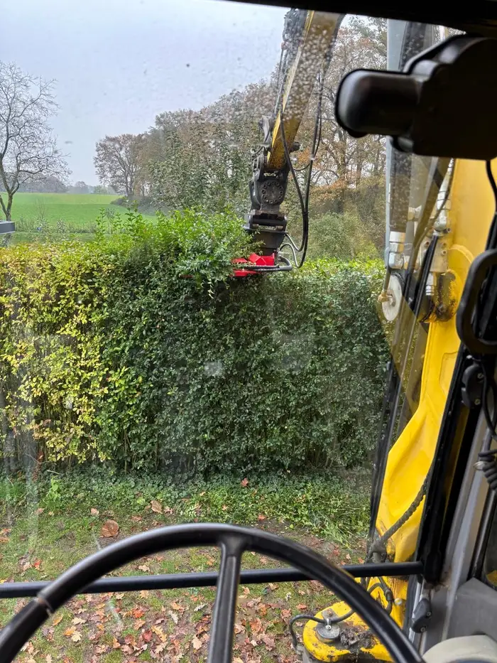 Blick aus der Baggerkabine auf den Heckenschnitt
